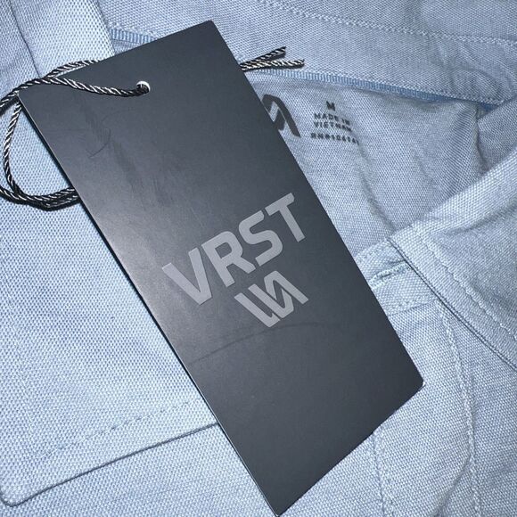 Men's VRST Refined Knit Short Sleeve Button Down Collared Shirt Muted Denim Med - Picture 3 of 5